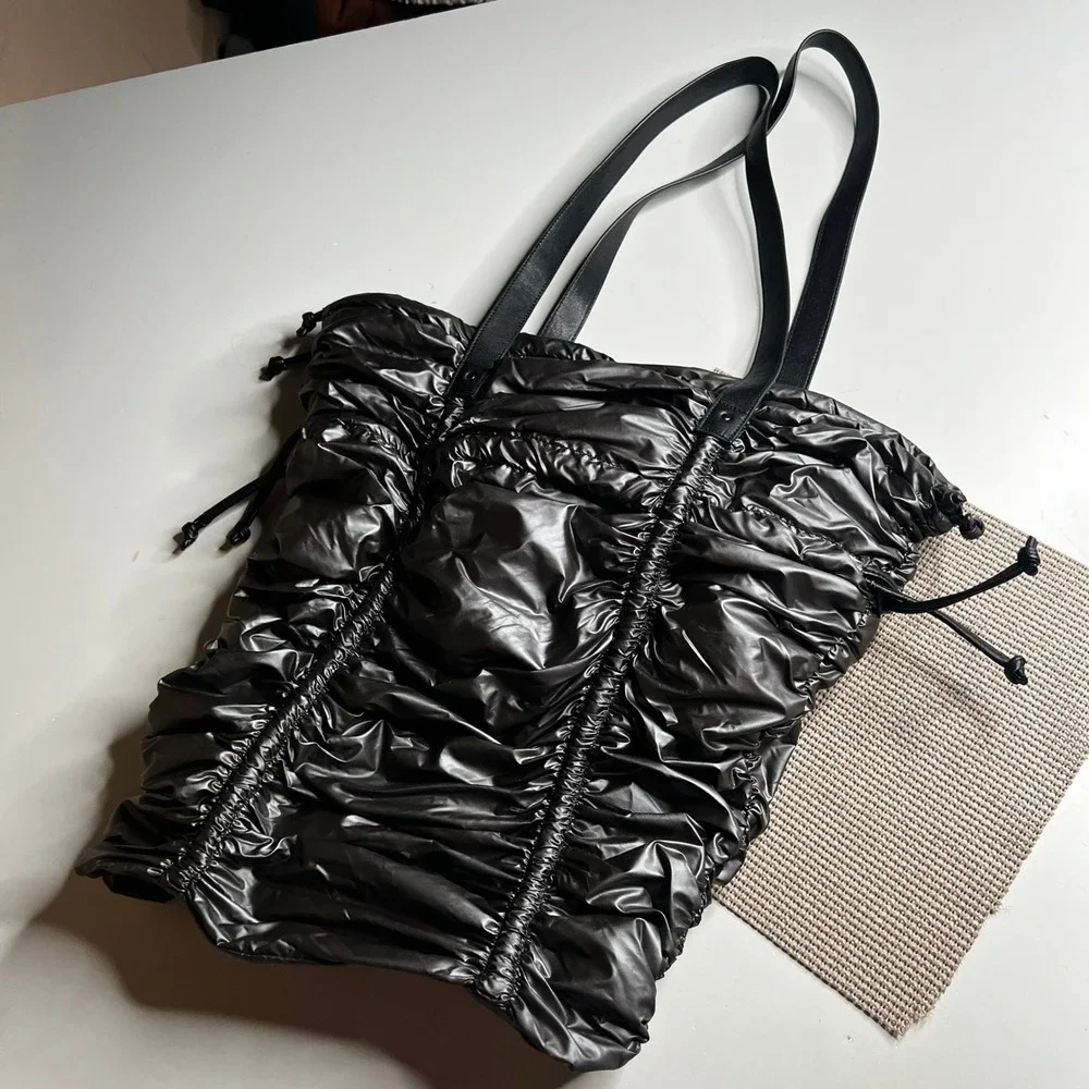 L.A.M.B. Gwen Stefani Metallic Ruched Puffer Tote Bag Houndstooth Lining
